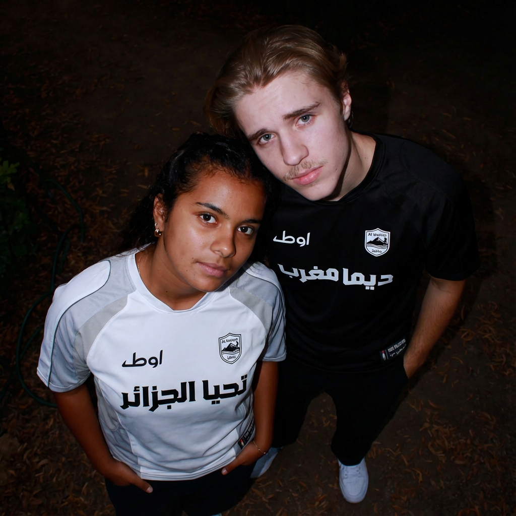 Deux personnes portant le maillot noir et blanc du maroc