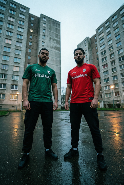 Deux personne portant le maillot vert de l'algérie et l'autre le maillot rouge du maroc