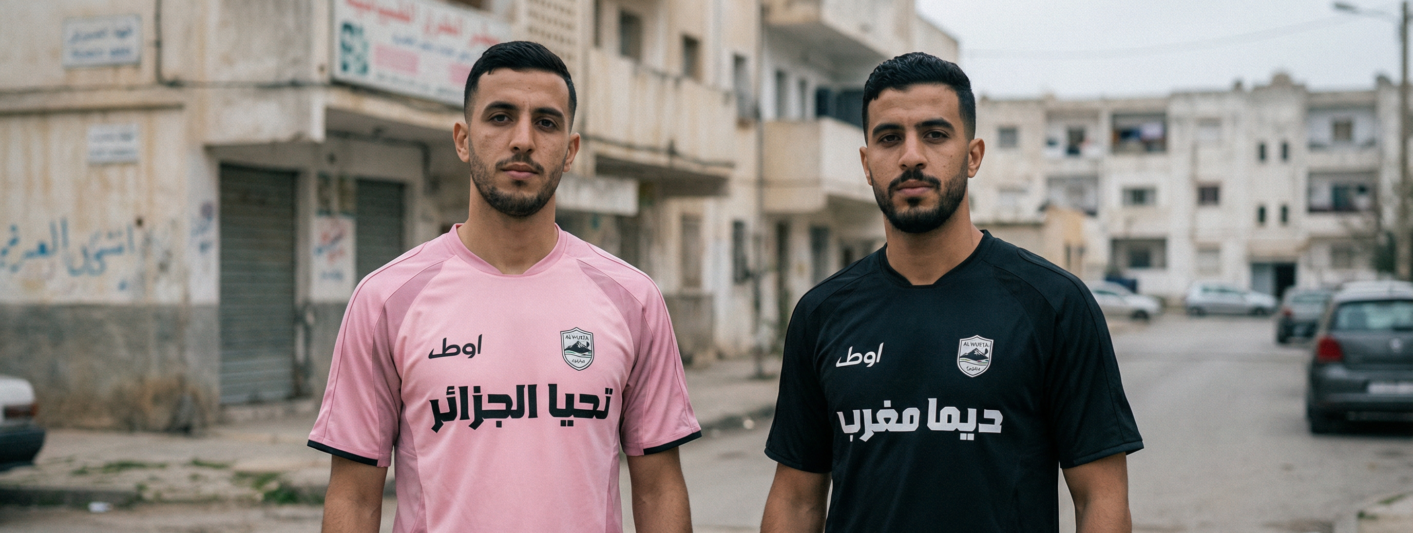 Deux personnes portant le maillot rose de l'algérie et l'autre le maillot noir du maroc