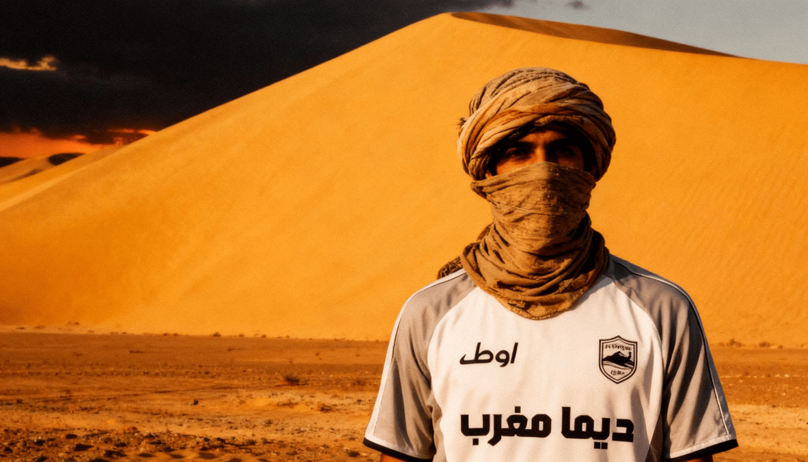 Un homme dans le desert qui pose avec le maillot du maroc blanc